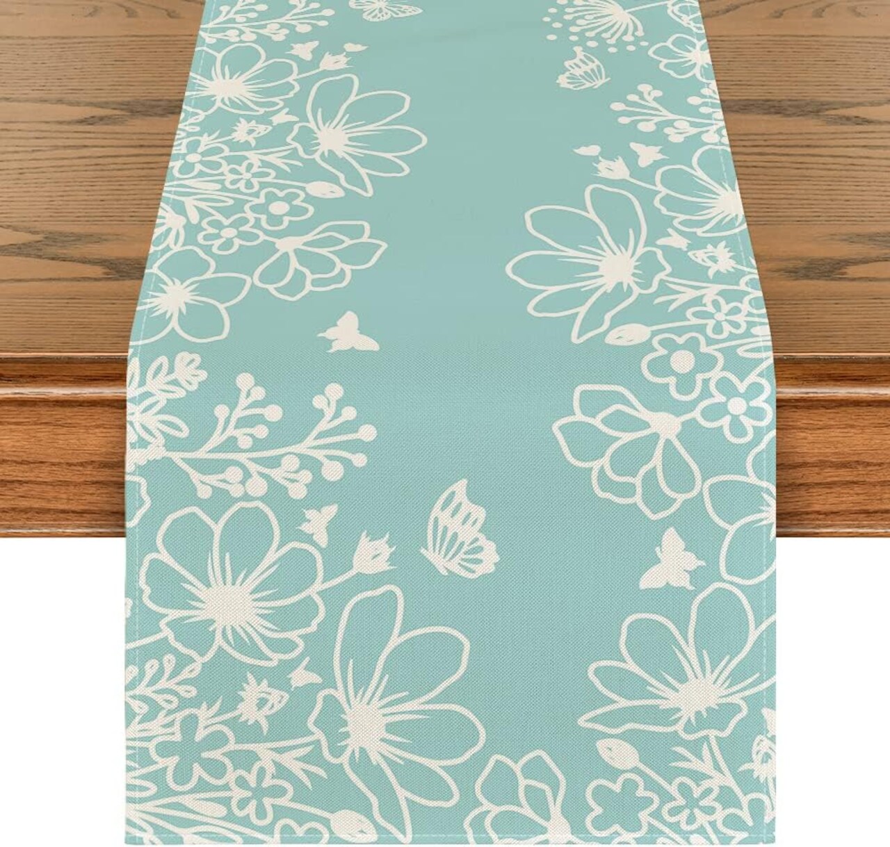 Blue Bloom Flowers Butterfly Spring Table Runner, Seasonal Holiday Kitchen Dining Table Decoration for Home Party Indoor 13x72 Inch